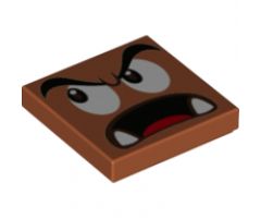 Tile 2 x 2 with Black Eyebrows, Dark Brown and White Eyes Looking Right, Surprised Open Mouth with Bottom Fangs and Red Tongue Pattern (Super Mario Parachute Goomba Face)