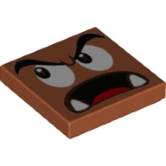 Tile 2 x 2 with Black Eyebrows, Dark Brown and White Eyes Looking Right, Surprised Open Mouth with Bottom Fangs and Red Tongue Pattern (Super Mario Parachute Goomba Face)