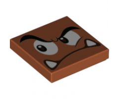 Tile 2 x 2 with Black Eyebrows, Dark Brown and White Eyes Looking Right, Angry Frown with Bottom Fangs Pattern (Super Mario Goomba Face)