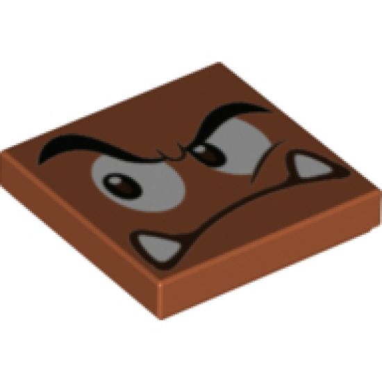 Tile 2 x 2 with Black Eyebrows, Dark Brown and White Eyes Looking Right, Angry Frown with Bottom Fangs Pattern (Super Mario Goomba Face)