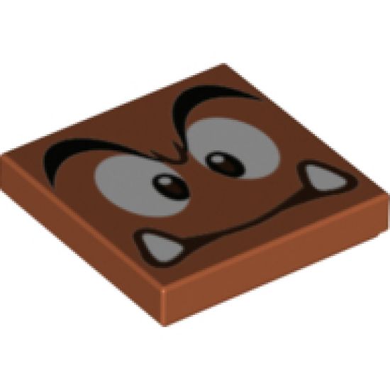 Tile 2 x 2 with Black Eyebrows, Dark Brown and White Eyes Looking Straight, Neutral Mouth with Bottom Fangs Pattern (Super Mario Goomba Face)