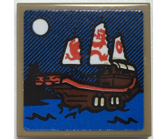 Tile 2 x 2 with Sailing Ship at Night with Red Dragon Sails and Moon Pattern (Sticker) - Set 70657