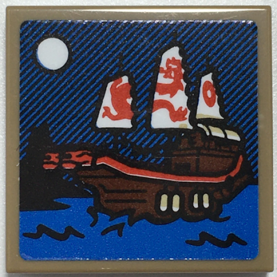 Tile 2 x 2 with Sailing Ship at Night with Red Dragon Sails and Moon Pattern (Sticker) - Set 70657