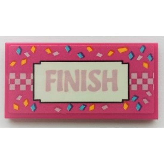 Tile 2 x 4 with Metallic Pink 'FINISH' and Checkered Line, Medium Azure and Bright Light Orange Confetti Pattern (Sticker) - Set 41352