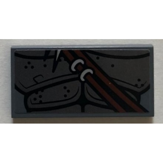 Tile 2 x 4 with Pearl Dark Gray Armor and Metallic Silver Spikes on Reddish Brown Sash Lower Pattern (Sticker) - Set 76075