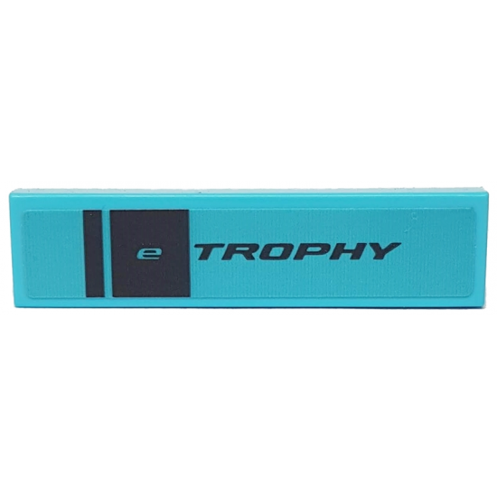 Tile 1 x 4 with Two Black Stripes and 'e TROPHY' on Medium Azure Background Pattern (Sticker) - Set 76898