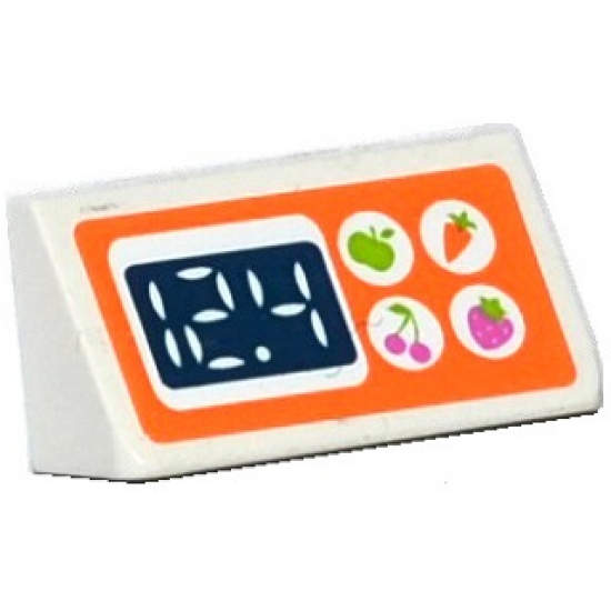 Slope 30 1 x 2 x 2/3 with Apple, Carrot, Cherry and Strawberry in White Circles and '12.4' Digital Display Pattern (Sticker) - Set 41108