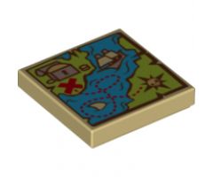 Tile 2 x 2 with Map Blue Water, Lime Land, Sailing Ship, Treasure Chest and Red 'X' Pattern