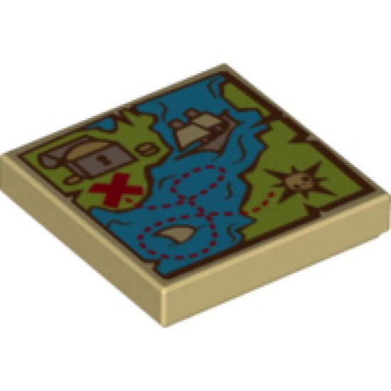 Tile 2 x 2 with Map Blue Water, Lime Land, Sailing Ship, Treasure Chest and Red 'X' Pattern