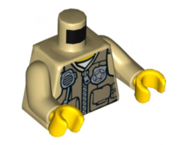 Torso Police Shirt with Dark Tan Vest with Pockets, Silver Radio and Badge, Zipper and 'POLICE' Pattern on Back / Tan Arms / Yellow Hands