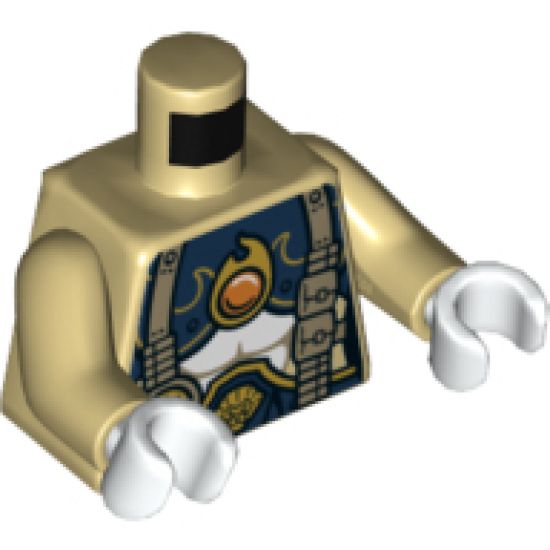 Torso Chima Female Outline with Dark Blue and Gold Armor with Scales, Straps, Pouches and Fire Chi Emblem Pattern / Tan Arms / White Hands