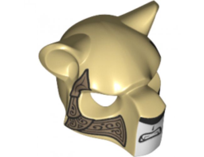 Minifigure, Headgear Mask Feline with Black Nose, Bared Teeth and Ornate Gold Armor Plates Pattern