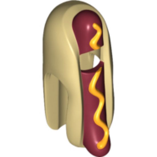 Minifigure, Headgear Head Cover, Costume Hot Dog with Dark Red Sausage and Yellow Mustard Pattern
