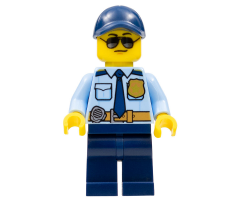 Police - City Officer Shirt with Dark Blue Tie and Gold Badge, Dark Tan Belt with Radio, Dark Blue Legs, Dark Blue Cap, Sunglasses