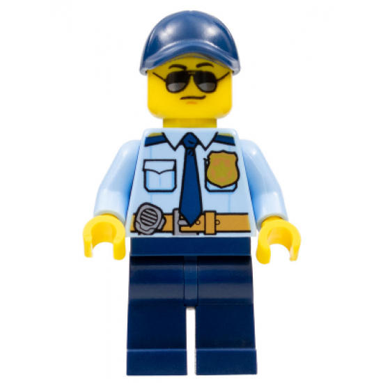Police - City Officer Shirt with Dark Blue Tie and Gold Badge, Dark Tan Belt with Radio, Dark Blue Legs, Dark Blue Cap, Sunglasses