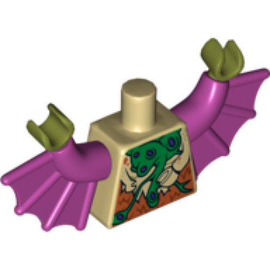 Torso Bat with Vestigial Minifigure Arms, Green and Purple Vein and Dark Orange Fur Pattern / Magenta Arms with Wings / Olive Green Hands