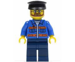 Blue Jacket with Pockets and Orange Stripes, Dark Blue Legs, Black Hat