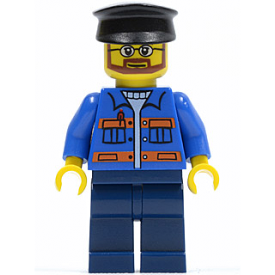 Blue Jacket with Pockets and Orange Stripes, Dark Blue Legs, Black Hat