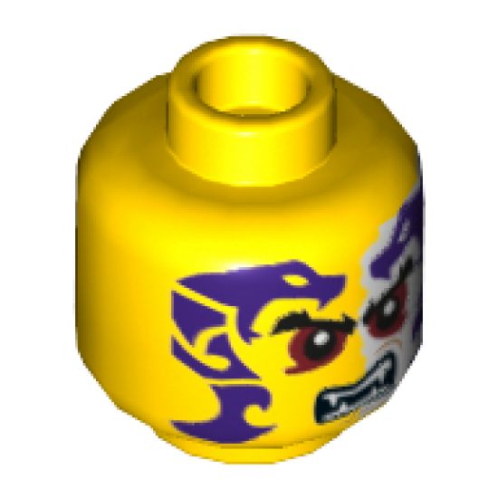 Minifigure, Head Black Eyebrows, Dark Red Eyes, Dark Purple and White Snakes Tattoo, Open Mouth with Fangs Pattern - Hollow Stud