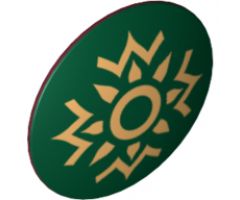 Minifigure, Shield Round with Rounded Front with Dark Green and Gold Rohan Pattern