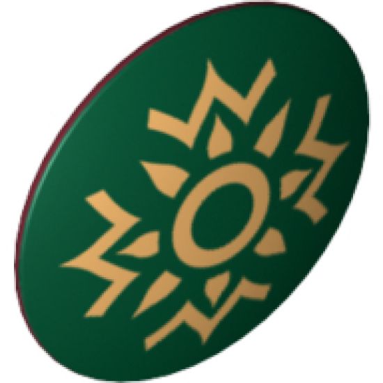 Minifigure, Shield Round with Rounded Front with Dark Green and Gold Rohan Pattern