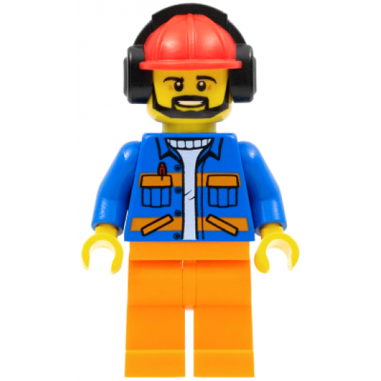 Airport Flagman, Red Helmet with Earmuffs, Blue Jacket with Orange Stripes and Legs