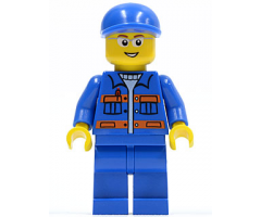 Blue Jacket with Pockets and Orange Stripes, Blue Legs, Blue Short Bill Cap, Glasses, Open Smile