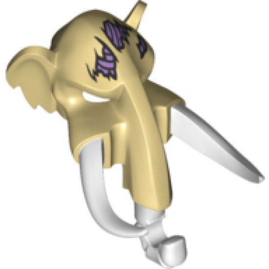 Minifigure, Headgear Mask Mammoth with White Rubber Tusks and Trunk with Medium Lavender Sinew Patches on Forehead Pattern