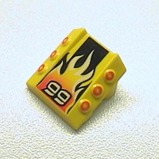 Brick, Modified 2 x 2 No Studs, Sloped with 6 Side Pistons Raised and '99', Black Stripe, Flame Pattern