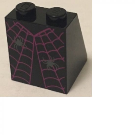 Slope 65 2 x 2 x 2 with Bottom Tube with Minifigure Dress/Skirt/Robe, Magenta Spider Web and 2 Dark Bluish Gray Spiders Pattern