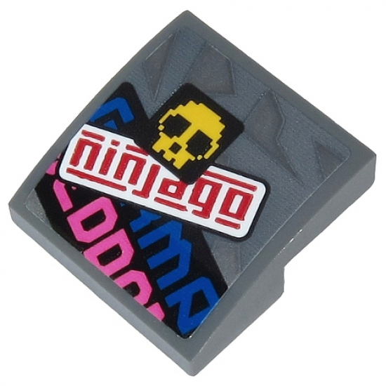 Slope, Curved 2 x 2 with Red 'ninjago', Yellow Skull and Partial Blue and Dark Pink Text Pattern (Sticker) - Set 71710
