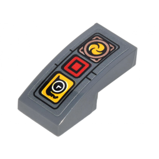Slope, Curved 2 x 1 with Panel with Red Box, Yellow Box with Clock, and Circle with Propeller Pattern (Sticker) - Set 70626