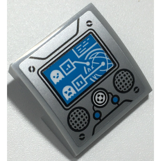 Slope, Curved 2 x 2 x 2/3 with Dark Azure Screen and Buttons, White Ghosts and Directional Pad, Black Speakers on Silver Background Pattern (Sticker) - Set 70435