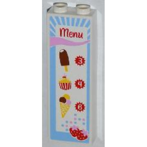 Brick 1 x 2 x 5 with 'Menu', Ice Cream, Cupcake and Strawberries Pattern (Sticker) - Set 3061