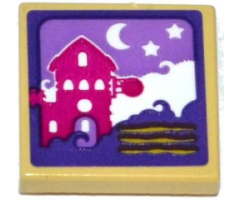 Tile 2 x 2 with House, Moon and Stars Scene Pattern (Sticker) - Set 41176