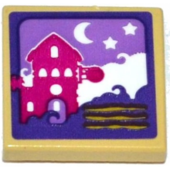 Tile 2 x 2 with House, Moon and Stars Scene Pattern (Sticker) - Set 41176