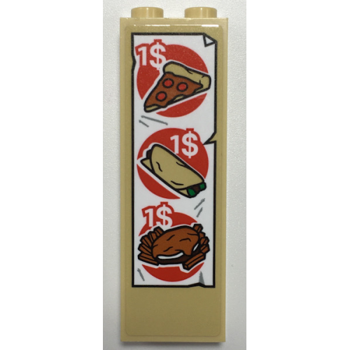 Brick 1 x 2 x 5 with Menu with '1$' for Pizza, Burrito, Burger and Fries Pattern (Sticker) - Set 76108