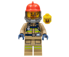 Fire - Reflective Stripes, Dark Tan Suit, Red Fire Helmet, Open Mouth with Goatee, Breathing Neck Gear with Blue Air Tanks