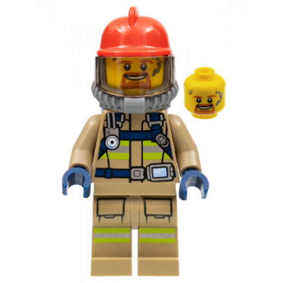 Fire - Reflective Stripes, Dark Tan Suit, Red Fire Helmet, Open Mouth with Goatee, Breathing Neck Gear with Blue Air Tanks