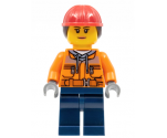Construction Worker - Female, Orange Safety Jacket, Reflective Stripe, Sand Blue Hoodie, Dark Blue Legs, Red Construction Helmet with Dark Brown Hair, Peach Lips
