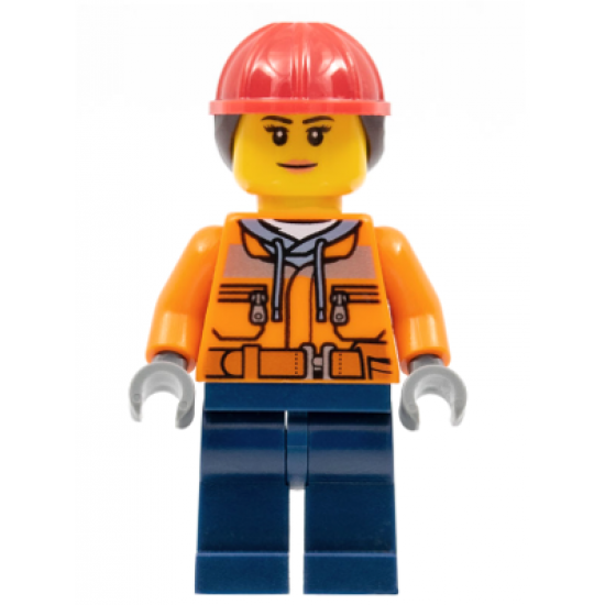 Construction Worker - Female, Orange Safety Jacket, Reflective Stripe, Sand Blue Hoodie, Dark Blue Legs, Red Construction Helmet with Dark Brown Hair, Peach Lips