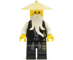 Wu Sensei - Black Kimono with Gold Symbols, Dark Bluish Gray Sash, Tan Asian Hat, White Beard