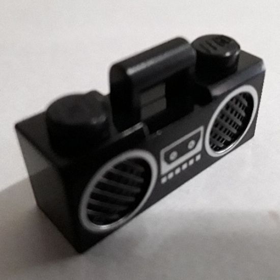 Minifigure, Utensil Radio Boom Box with Bar Handle with Silver Cassette Player, Buttons and Rimmed Speakers Pattern