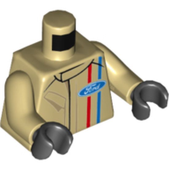 Torso Race Suit with Ford Logo and Red and Blue Stripes on Front and Back Pattern / Tan Arms / Black Hands