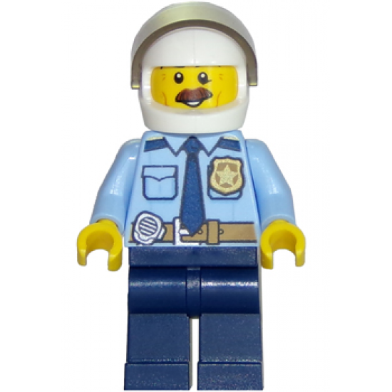 Police - City Shirt with Dark Blue Tie and Gold Badge, Dark Tan Belt with Radio, Dark Blue Legs, White Helmet