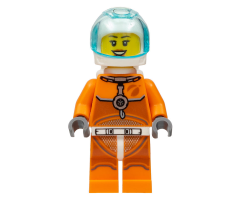 Astronaut - Female, Orange Spacesuit with Dark Bluish Gray Lines, Trans Light Blue Large Visor, Open Mouth Smile