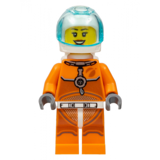 Astronaut - Female, Orange Spacesuit with Dark Bluish Gray Lines, Trans Light Blue Large Visor, Open Mouth Smile