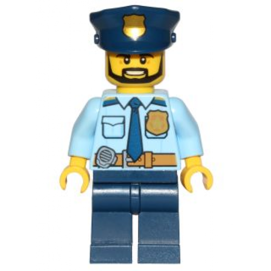 Police - City Shirt with Dark Blue Tie and Gold Badge, Dark Tan Belt with Radio, Dark Blue Legs, Police Hat with Gold Badge, Head Beard Black Angular