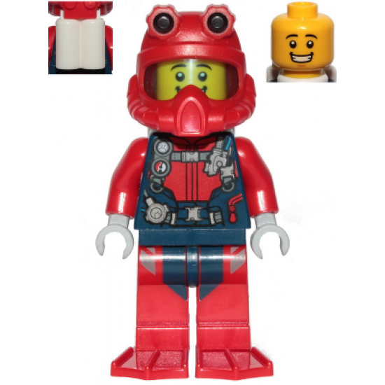 Scuba Diver - Male, Open Mouth Smile, Red Helmet, White Air Tanks, Red Flippers