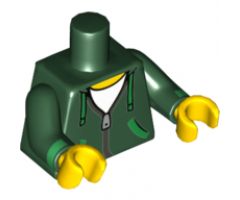 Torso Hoodie with Green Ties and Pockets, Silver Zipper over White Shirt Pattern / Dark Green Arms with Green Cuffs Pattern / Yellow Hands